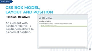 56
Position: Relative;
An element with
position: relative; is
positioned relative to
its normal position.
CSS BOX MODEL,
LAYOUT AND POSITION
SubTopic
Web View
 