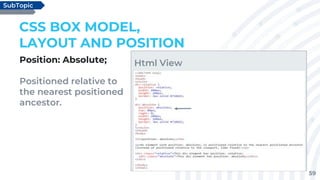 59
Position: Absolute;
Positioned relative to
the nearest positioned
ancestor.
CSS BOX MODEL,
LAYOUT AND POSITION
SubTopic
Html View
 