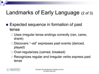 Copyright 2016 Wadsworth Cengage Learning.
All Rights Reserved.
Landmarks of Early Language (2 of 3)
 Expected sequence in formation of past
tense
 Uses irregular tense endings correctly (ran, came,
drank)
 Discovers “–ed” expresses past events (danced,
played)
 Over-regularizes (camed, breaked)
 Recognizes regular and irregular verbs express past
tense
 