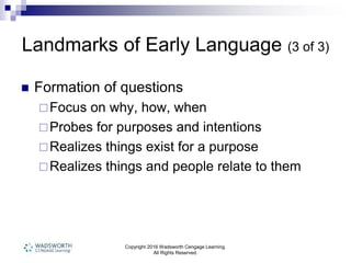 Copyright 2016 Wadsworth Cengage Learning.
All Rights Reserved.
Landmarks of Early Language (3 of 3)
 Formation of questions
Focus on why, how, when
Probes for purposes and intentions
Realizes things exist for a purpose
Realizes things and people relate to them
 