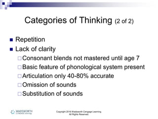 Copyright 2016 Wadsworth Cengage Learning.
All Rights Reserved.
Categories of Thinking (2 of 2)
 Repetition
 Lack of clarity
Consonant blends not mastered until age 7
Basic feature of phonological system present
Articulation only 40-80% accurate
Omission of sounds
Substitution of sounds
 