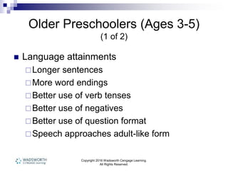 Copyright 2016 Wadsworth Cengage Learning.
All Rights Reserved.
Older Preschoolers (Ages 3-5)
(1 of 2)
 Language attainments
Longer sentences
More word endings
Better use of verb tenses
Better use of negatives
Better use of question format
Speech approaches adult-like form
 
