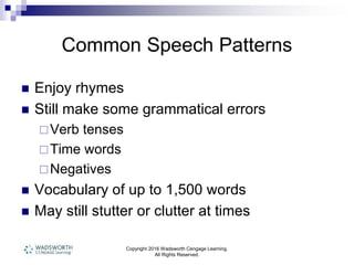 Copyright 2016 Wadsworth Cengage Learning.
All Rights Reserved.
Common Speech Patterns
 Enjoy rhymes
 Still make some grammatical errors
Verb tenses
Time words
Negatives
 Vocabulary of up to 1,500 words
 May still stutter or clutter at times
 