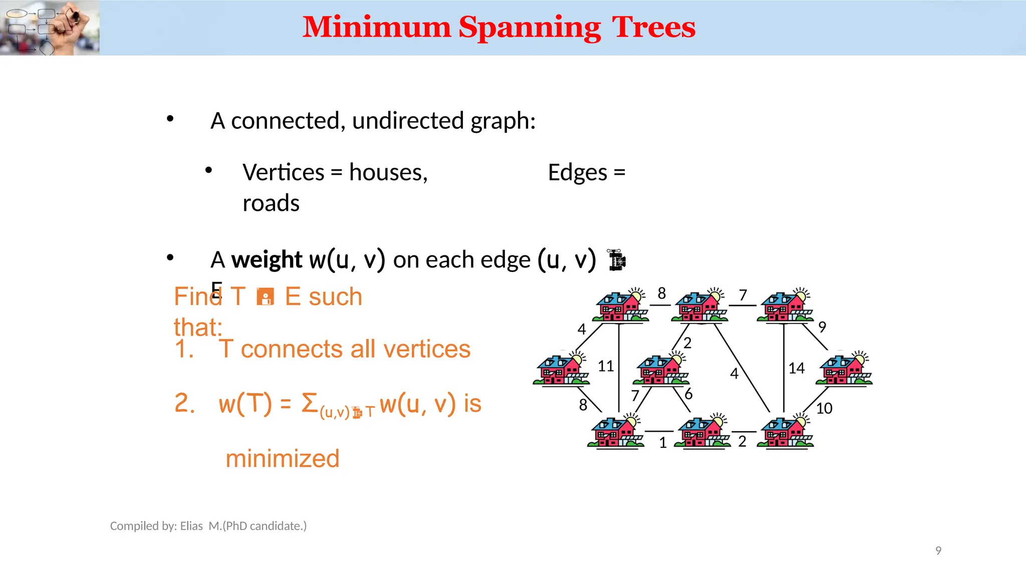 • A connected, undirected graph:
• Vertices = houses, Edges =
roads
• A weight w(u, v) on each edge (u, v) 
E
a
b c d
e
h g f
i
4
8 7
8
11
1 2
7
2
4 14
9
10
6
Find T  E such
that:
1. T connects all vertices
2. w(T) = Σ(u,v)T w(u, v) is
minimized
Minimum Spanning Trees
Compiled by: Elias M.(PhD candidate.)
9
 