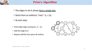 Prim’s Algorithm
• The edges in set A always form a single tree
• Starts from an arbitrary “root”: VA = {a}
• At each step:
• Find a light edge crossing (VA, V - VA)
• Add this edge to A
• Repeat until the tree spans all vertices
a
b c d
e
h g f
i
4
8 7
8
11
1 2
7
2
4 14
9
10
6
Compiled by: Elias M.(PhD candidate.)
15
 