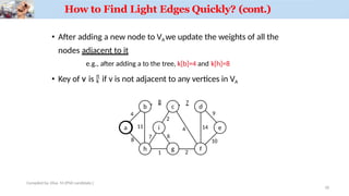 How to Find Light Edges Quickly? (cont.)
• After adding a new node to VAwe update the weights of all the
nodes adjacent to it
e.g., after adding a to the tree, k[b]=4 and k[h]=8
• Key of v is  if v is not adjacent to any vertices in VA
a
b c d
e
h g f
i
4
8 7
8
11
1 2
7
2
4 14
9
10
6
18
Compiled by: Elias M.(PhD candidate.)
 