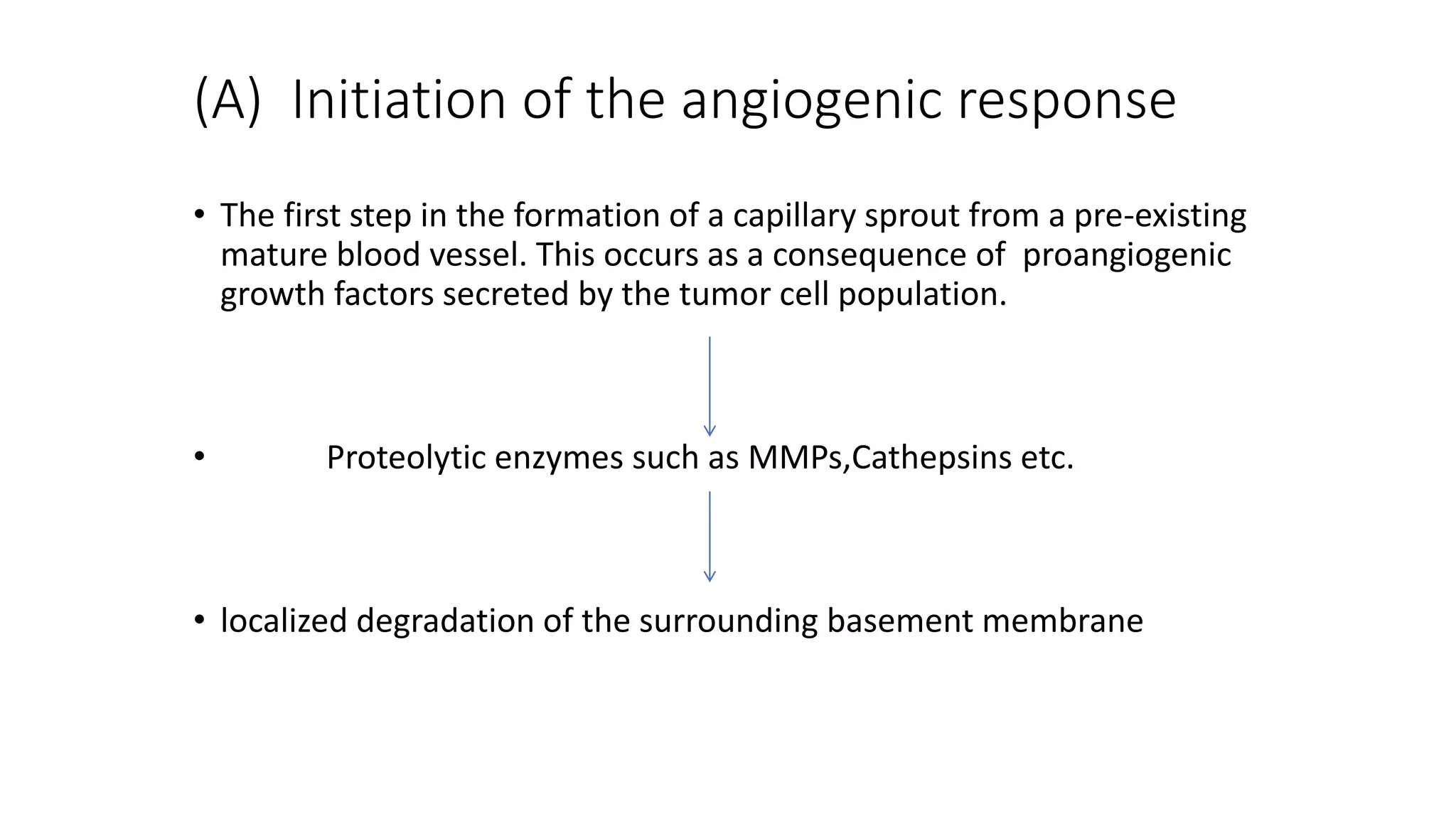 (A) Initiation of the angiogenic response
• The first step in the formation of a capillary sprout from a pre-existing
mature blood vessel. This occurs as a consequence of proangiogenic
growth factors secreted by the tumor cell population.
• Proteolytic enzymes such as MMPs,Cathepsins etc.
• localized degradation of the surrounding basement membrane
 