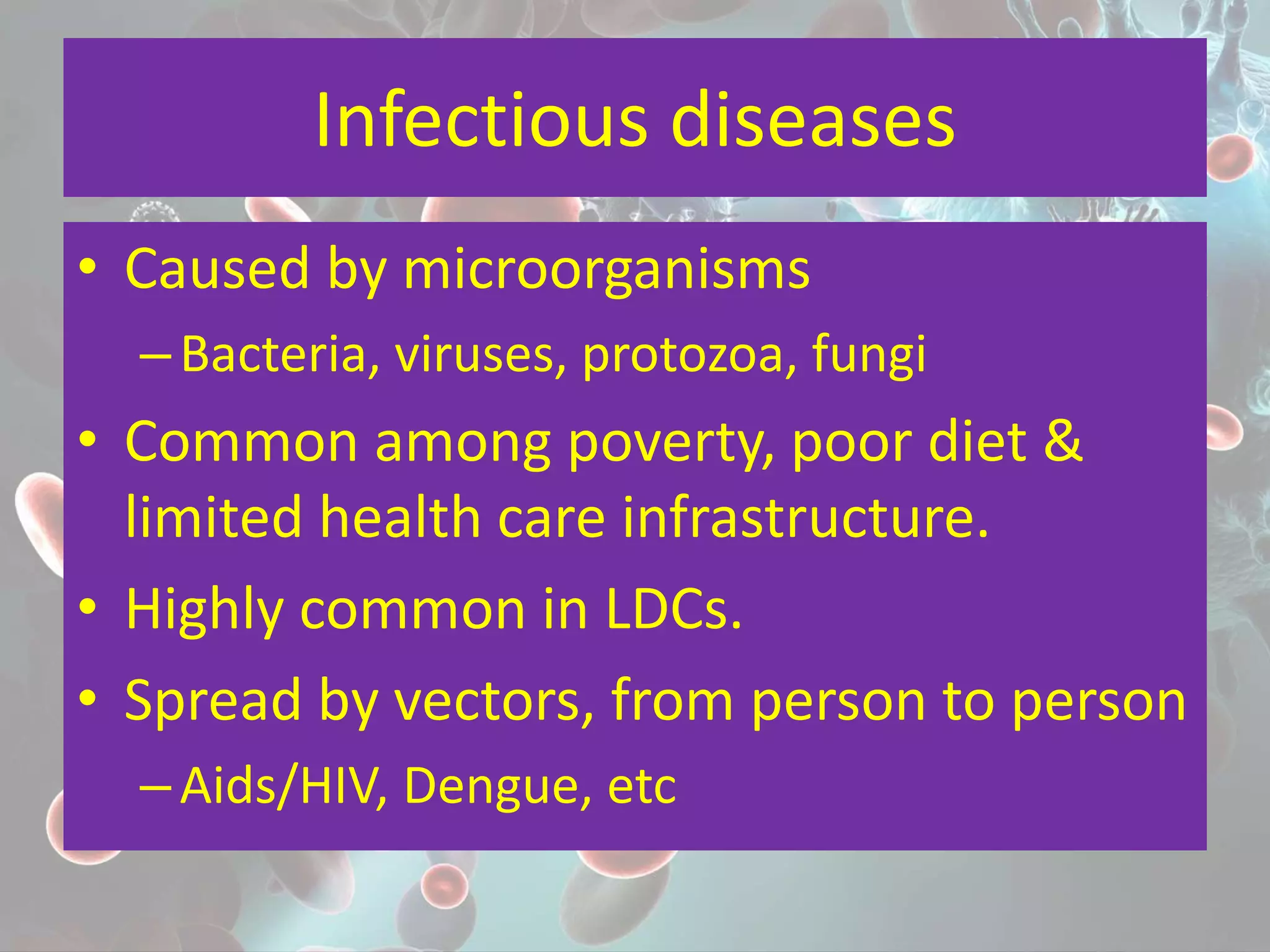 Infectious diseases
• Caused by microorganisms
–Bacteria, viruses, protozoa, fungi
• Common among poverty, poor diet &
limited health care infrastructure.
• Highly common in LDCs.
• Spread by vectors, from person to person
–Aids/HIV, Dengue, etc