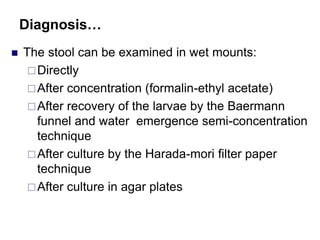 Diagnosis…
 The stool can be examined in wet mounts:
Directly
After concentration (formalin-ethyl acetate)
After recovery of the larvae by the Baermann
funnel and water emergence semi-concentration
technique
After culture by the Harada-mori filter paper
technique
After culture in agar plates
 