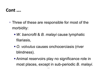  Three of these are responsible for most of the
morbidity:
 W. bancrofti & B. malayi cause lymphatic
filariasis,
 O. volvulus causes onchocerciasis (river
blindness).
 Animal reservoirs play no significance role in
most places, except in sub-periodic B. malayi.
161
Cont ….
 