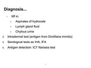 Diagnosis...
 Mf in:
 Aspirates of hydrocele
 Lymph gland fluid
 Chylous urine
2. Intradermal test (antigen from Dirofilaria immitis)
3. Serological tests as IHA, IFA
4. Antigen detection: ICT filariasis test
198
 