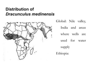 Distribution of
Dracunculus medinensis
Global: Nile valley,
India and areas
where wells are
used for water
supply
Ethiopia:
 