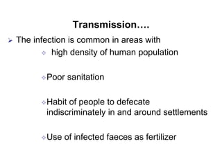 Transmission….
 The infection is common in areas with
 high density of human population
Poor sanitation
Habit of people to defecate
indiscriminately in and around settlements
Use of infected faeces as fertilizer
 