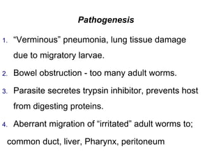 Pathogenesis
1. “Verminous” pneumonia, lung tissue damage
due to migratory larvae.
2. Bowel obstruction - too many adult worms.
3. Parasite secretes trypsin inhibitor, prevents host
from digesting proteins.
4. Aberrant migration of “irritated” adult worms to;
common duct, liver, Pharynx, peritoneum
 