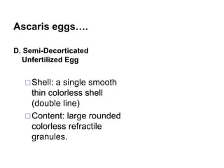 Ascaris eggs….
D. Semi-Decorticated
Unfertilized Egg
Shell: a single smooth
thin colorless shell
(double line)
Content: large rounded
colorless refractile
granules.
 