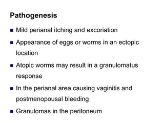 Pathogenesis
 Mild perianal itching and excoriation
 Appearance of eggs or worms in an ectopic
location
 Atopic worms may result in a granulomatus
response
 In the perianal area causing vaginitis and
postmenopousal bleeding
 Granulomas in the peritoneum
 