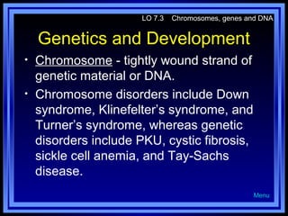 LO 7.3

Chromosomes, genes and DNA

Genetics and Development
•
•

Chromosome - tightly wound strand of
genetic material or DNA.
Chromosome disorders include Down
syndrome, Klinefelter’s syndrome, and
Turner’s syndrome, whereas genetic
disorders include PKU, cystic fibrosis,
sickle cell anemia, and Tay-Sachs
disease.
Menu

 