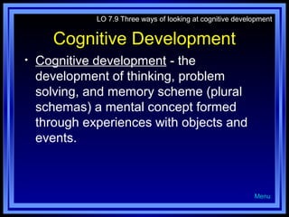 LO 7.9 Three ways of looking at cognitive development

Cognitive Development
•

Cognitive development - the
development of thinking, problem
solving, and memory scheme (plural
schemas) a mental concept formed
through experiences with objects and
events.

Menu

 