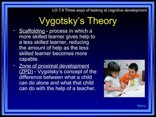 LO 7.9 Three ways of looking at cognitive development

Vygotsky’s Theory
•

•

Scaffolding - process in which a
more skilled learner gives help to
a less skilled learner, reducing
the amount of help as the less
skilled learner becomes more
capable.
Zone of proximal development
(ZPD) - Vygotsky’s concept of the
difference between what a child
can do alone and what that child
can do with the help of a teacher.
Menu

 