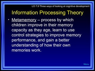 LO 7.9 Three ways of looking at cognitive development

Information Processing Theory
•

Metamemory – process by which
children improve in their memory
capacity as they age, learn to use
control strategies to improve memory
performance, and gain a better
understanding of how their own
memories work.

Menu

 