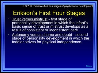 LO 7.12 Erikson’s first four stages of psychosocial development

Erikson’s First Four Stages
•

•

Trust versus mistrust - first stage of
personality development in which the infant’s
basic sense of trust or mistrust develops as a
result of consistent or inconsistent care.
Autonomy versus shame and doubt - second
stage of personality development in which the
toddler strives for physical independence.

Menu

 
