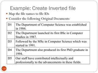 Example: Create Inverted file
 Map the file names to file IDs
 Consider the following Original Documents
Our staff have contributed intellectually and
professionally to the advancements in these fields.
The Department also produced its first PhD graduate in
1994.
Followed by the MSc in Computer Science which was
started in 1991.
The Department launched its first BSc in Computer
Studies in 1987.
The Department of Computer Science was established
in 1984.
D5
D4
D3
D2
D1
•25
 
