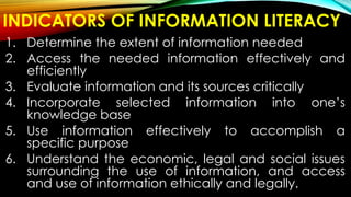 INDICATORS OF INFORMATION LITERACY
1. Determine the extent of information needed
2. Access the needed information effectively and
efficiently
3. Evaluate information and its sources critically
4. Incorporate selected information into one’s
knowledge base
5. Use information effectively to accomplish a
specific purpose
6. Understand the economic, legal and social issues
surrounding the use of information, and access
and use of information ethically and legally.
 