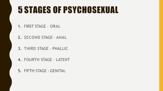 5 STAGES OF PSYCHOSEXUAL
1. FIRST STAGE – ORAL
2. SECOND STAGE – ANAL
3. THIRD STAGE – PHALLIC
4. FOURTH STAGE – LATENT
5. FIFTH STAGE - GENITAL
 