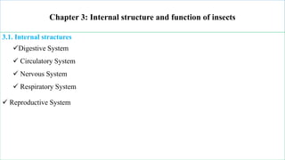 Chapter 3: Internal structure and function of insects
3.1. Internal stractures
Digestive System
 Circulatory System
 Nervous System
 Respiratory System
 Reproductive System
 