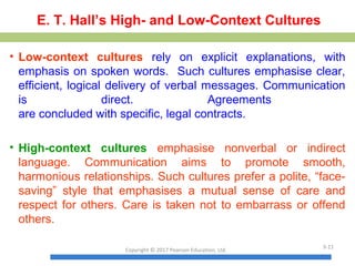 E. T. Hall’s High- and Low-Context Cultures
• Low-context cultures rely on explicit explanations, with
emphasis on spoken words. Such cultures emphasise clear,
efficient, logical delivery of verbal messages. Communication
is direct. Agreements
are concluded with specific, legal contracts.
• High-context cultures emphasise nonverbal or indirect
language. Communication aims to promote smooth,
harmonious relationships. Such cultures prefer a polite, “face-
saving” style that emphasises a mutual sense of care and
respect for others. Care is taken not to embarrass or offend
others.
Copyright © 2017 Pearson Education, Ltd.
3-11
 