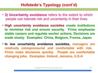 Hofstede’s Typology (cont’d)
• 3) Uncertainty avoidance refers to the extent to which
people can tolerate risk and uncertainty in their lives.
• High uncertainty avoidance societies create institutions
to minimise risk and ensure security. Firms emphasize
stable careers and regulate worker actions. Decisions are
made slowly. Examples: China, Belgium, France, Japan
• In low uncertainty avoidance societies, managers are
relatively entrepreneurial and comfortable with risk.
Firms make decisions quickly. People are comfortable
changing jobs. Examples: Ireland, Jamaica, U.S.A
Copyright © 2017 Pearson Education, Ltd. 3-15
 