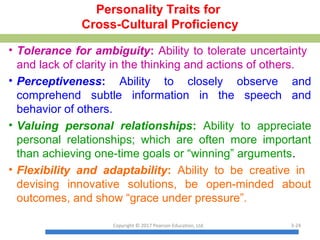 Personality Traits for
Cross-Cultural Proficiency
• Tolerance for ambiguity: Ability to tolerate uncertainty
and lack of clarity in the thinking and actions of others.
• Perceptiveness: Ability to closely observe and
comprehend subtle information in the speech and
behavior of others.
• Valuing personal relationships: Ability to appreciate
personal relationships; which are often more important
than achieving one-time goals or “winning” arguments.
• Flexibility and adaptability: Ability to be creative in
devising innovative solutions, be open-minded about
outcomes, and show “grace under pressure”.
Copyright © 2017 Pearson Education, Ltd. 3-24
 