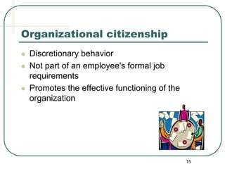 15
Organizational citizenship
 Discretionary behavior
 Not part of an employee's formal job
requirements
 Promotes the effective functioning of the
organization
 