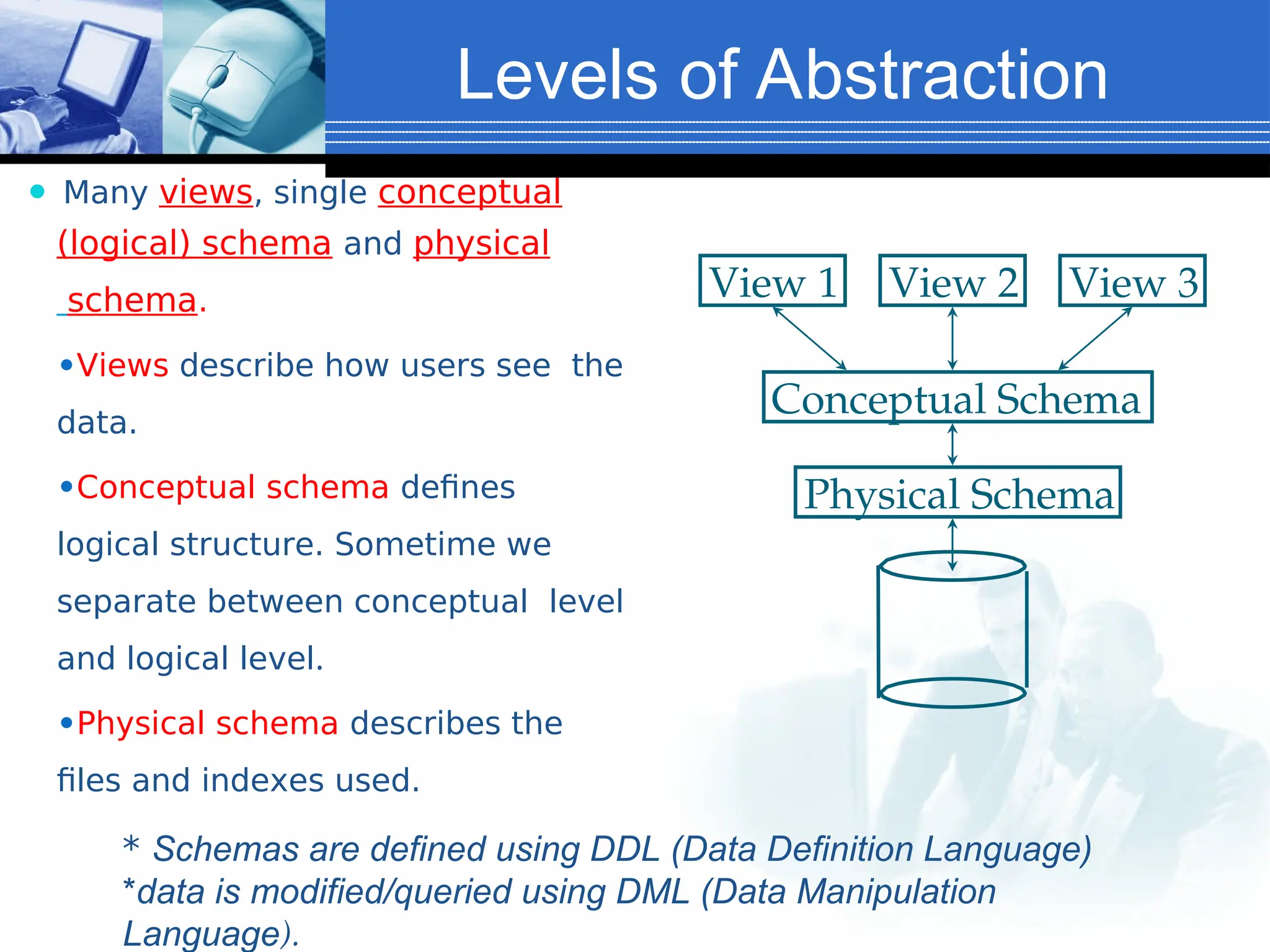 Levels of Abstraction
⚫ Many views, single conceptual
(logical) schema and physical
schema.
⚫Views describe how users see the
data.
⚫Conceptual schema defines
logical structure. Sometime we
separate between conceptual level
and logical level.
⚫Physical schema describes the
files and indexes used.
* Schemas are defined using DDL (Data Definition Language)
*data is modified/queried using DML (Data Manipulation
Language).
Physical Schema
Conceptual Schema
View 1 View 2 View 3
 