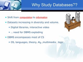 Why Study Databases??
⚫ Shift from computation to information
⚫ Datasets increasing in diversity and volume.
⚫ Digital libraries, interactive video
⚫ ... need for DBMS exploding
⚫ DBMS encompasses most of CS
⚫ OS, languages, theory, AI‫و‬ ,multimedia , logic
?
 