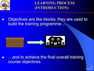 4/22/2021
16
 Objectives are like blocks; they are used to
build the training programme…
 …and to achieve the final overall training
course objectives.
LEARNING PROCESS
(INTRODUCTION)
 