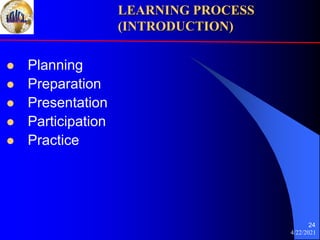4/22/2021
24
 Planning
 Preparation
 Presentation
 Participation
 Practice
LEARNING PROCESS
(INTRODUCTION)
 