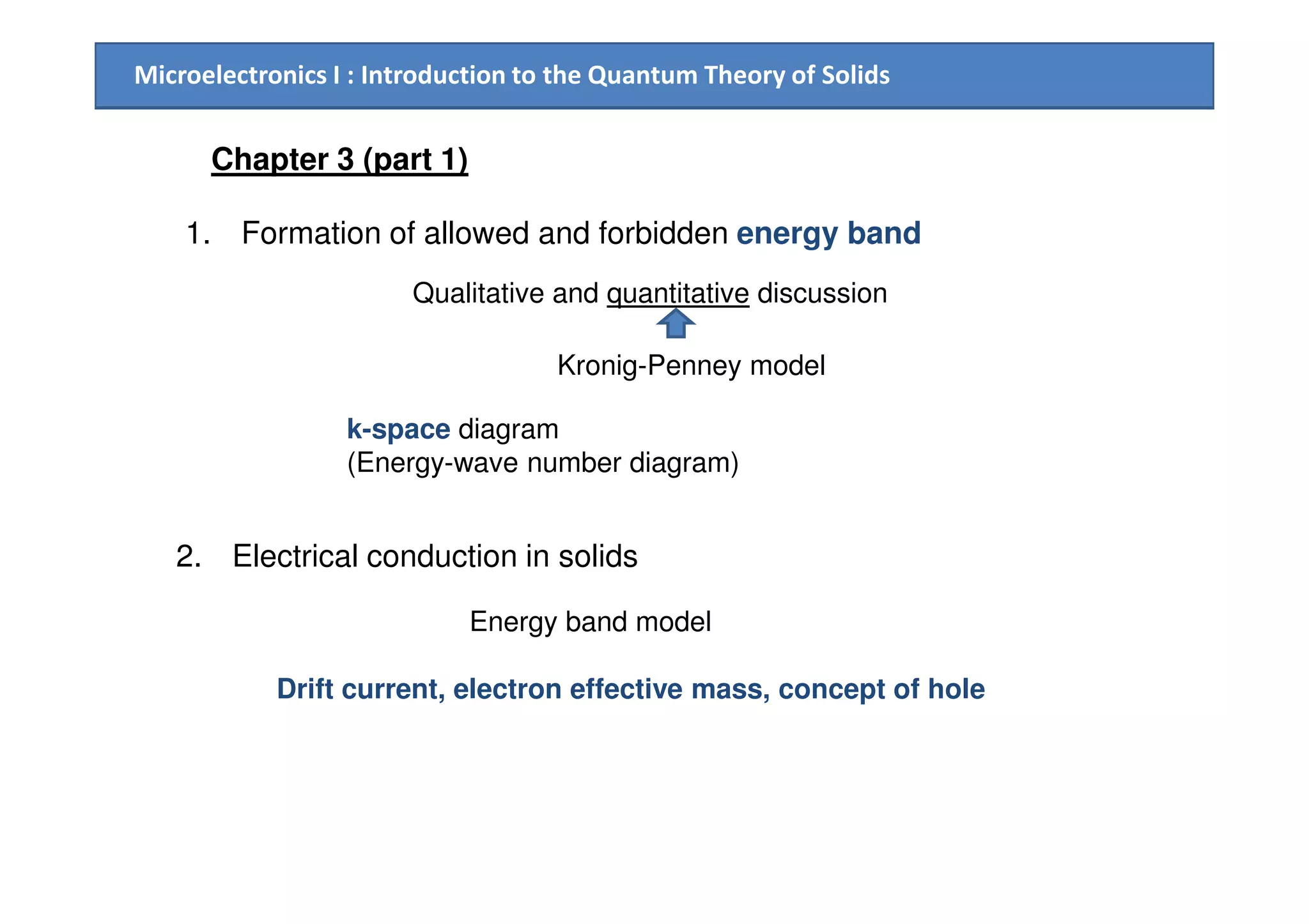 Microelectronics I : Introduction to the Quantum Theory of Solids
Chapter 3 (part 1)
1. Formation of allowed and forbidden energy band
k-space diagram
(Energy-wave number diagram)
Qualitative and quantitative discussion
Kronig-Penney model
(Energy-wave number diagram)
2. Electrical conduction in solids
Drift current, electron effective mass, concept of hole
Energy band model
 