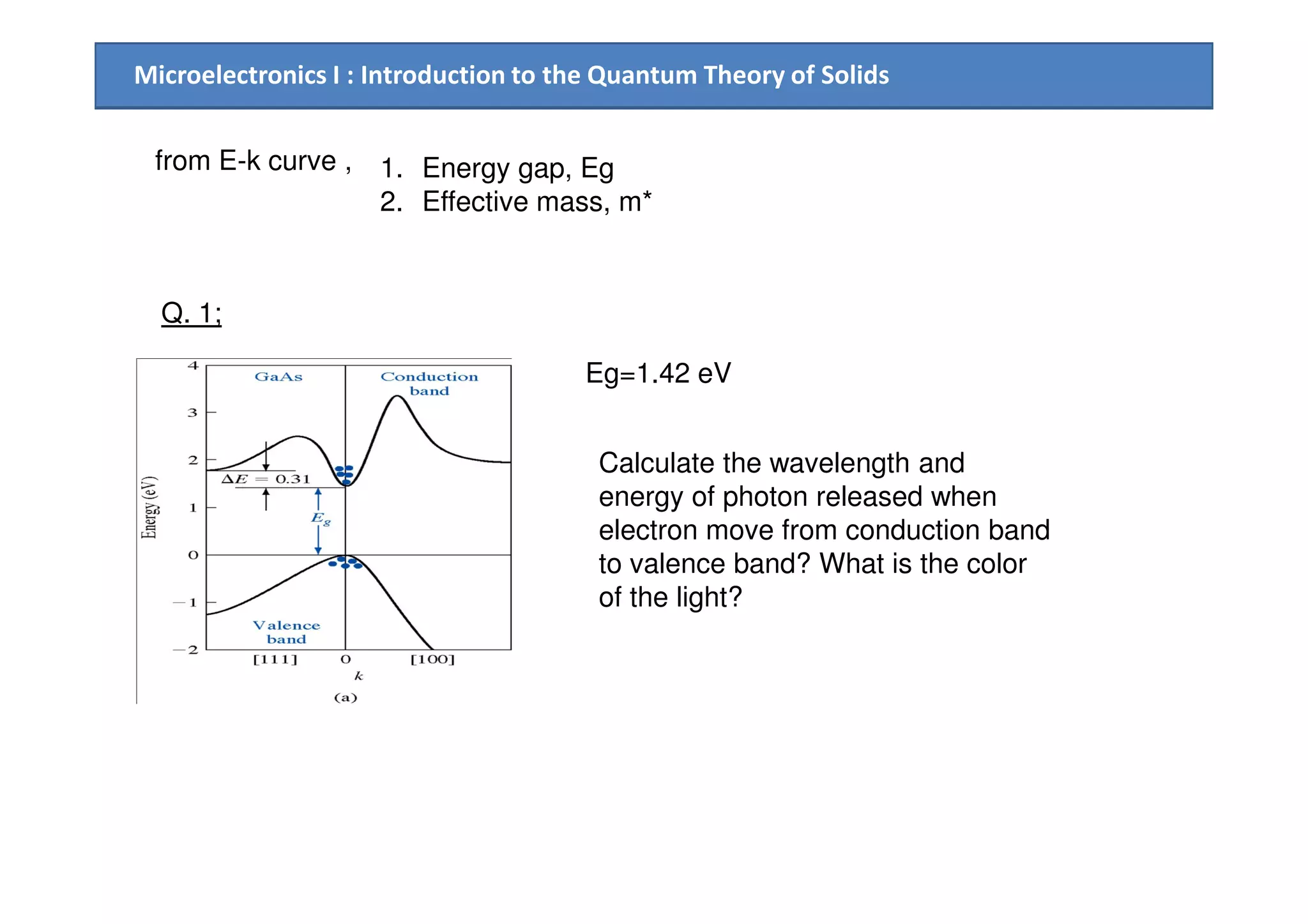 Microelectronics I : Introduction to the Quantum Theory of Solids
from E-k curve , 1. Energy gap, Eg
2. Effective mass, m*
Q. 1;
Eg=1.42 eV
Calculate the wavelength andCalculate the wavelength and
energy of photon released when
electron move from conduction band
to valence band? What is the color
of the light?
 