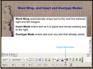 Word Wrap, and Insert and Overtype Modes Word Wrap  automatically wraps text to the next line between right and left margins. Insert Mode  enters text as it is typed and moves existing text to the right. Overtype Mode  enters text over any text that already exists. 