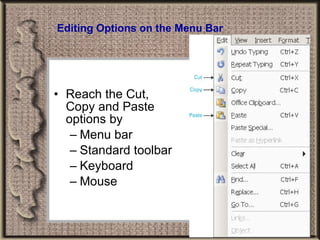 Editing Options on the Menu Bar Reach the Cut, Copy and Paste options by Menu bar Standard toolbar Keyboard Mouse 