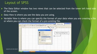 Layout of SPSS
 The Data Editor window has two views that can be selected from the lower left hand side
of the screen.
 Data View is where you see the data you are using.
 Variable View is where you can specify the format of your data when you are creating a file
or where you can check the format of a pre-existing file.
31
prepared by Ms Aida Idawati
 