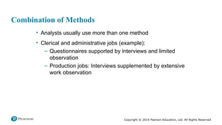 Copyright © 2019 Pearson Education, Ltd. All Rights Reserved
Combination of Methods
• Analysts usually use more than one method
• Clerical and administrative jobs (example):
– Questionnaires supported by interviews and limited
observation
– Production jobs: Interviews supplemented by extensive
work observation
 