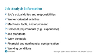 Copyright © 2019 Pearson Education, Ltd. All Rights Reserved
Job Analysis Information
 Job’s actual duties and responsibilities
 Worker-oriented activities:
 Machines, tools, and equipment
 Personal requirements (e.g., experience)
 Job standards
 Work schedule
 Financial and nonfinancial compensation
 Working conditions
 
