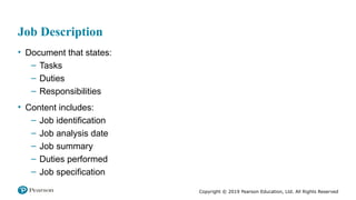 Copyright © 2019 Pearson Education, Ltd. All Rights Reserved
Job Description
• Document that states:
– Tasks
– Duties
– Responsibilities
• Content includes:
– Job identification
– Job analysis date
– Job summary
– Duties performed
– Job specification
 