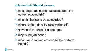 Copyright © 2019 Pearson Education, Ltd. All Rights Reserved
Job Analysis Should Answer
What physical and mental tasks does the
worker accomplish?
When is the job to be completed?
Where is the job to be accomplished?
How does the worker do the job?
Why is the job done?
What qualifications are needed to perform
the job?
 