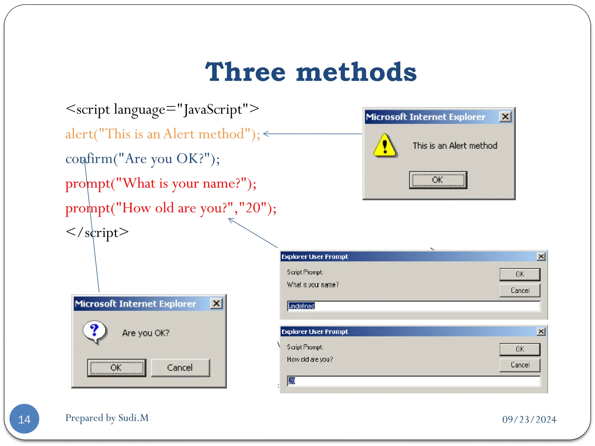 09/23/2024
Prepared by Sudi.M
Three methods
14
<script language="JavaScript">
alert("This is anAlert method");
confirm("Are you OK?");
prompt("What is your name?");
prompt("How old are you?","20");
</script>
 