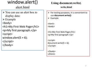 window.alert()
alert.html
17
 You can use an alert box to
display data:
 Example
<body>
<h1>My First Web Page</h1>
<p>My first paragraph.</p>
<script>
window.alert(5 + 6);
</script>
</body>
 For testing purposes, it is convenient to
use document.write():
 Example
<html>
<body>
<h1>My First Web Page</h1>
<p>My first paragraph.</p>
<script>
document.write(5 + 6);
</script>
</body>
</html>
Using document.write()
write.html
 