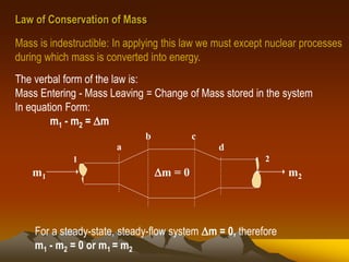 Law of Conservation of Mass
Mass is indestructible: In applying this law we must except nuclear processes
during which mass is converted into energy.
The verbal form of the law is:
Mass Entering - Mass Leaving = Change of Mass stored in the system
In equation Form:
m1 - m2 = m
1 2
m1 m2m = 0
a
b c
d
For a steady-state, steady-flow system m = 0, therefore
m1 - m2 = 0 or m1 = m2
 