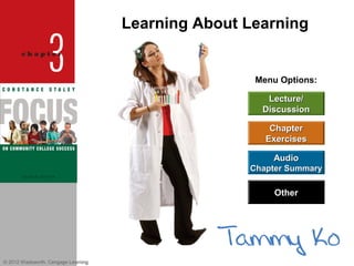 Learning About Learning


                                                     Menu Options:

                                                       Lecture/
                                                      Discussion

                                                        Chapter
                                                       Exercises

                                                        Audio
                                                    Chapter Summary

                                                         Other




© 2012 Wadsworth, Cengage Learning
 
